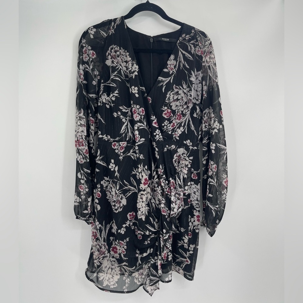 GUESS Womens Rhodes Black Metallic Floral Party Cocktail Dress, Size L